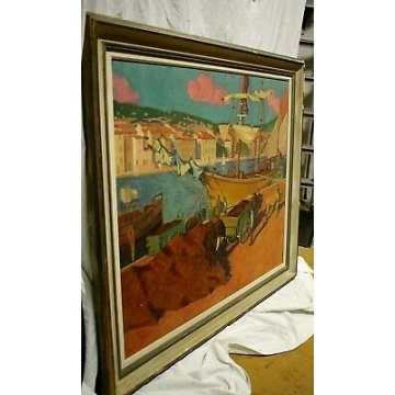 ANTICO QUADRO DIPINTO olio tela Matthey De Catus 1958 PAESAGGIO MARINA PORTO 