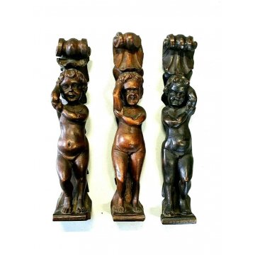 LOTTO n° 3 pz ANTICO FREGIO PUTTO LEGNO NOCE SCURO DECORO SCOLPITO Primo '900