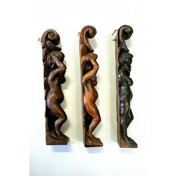 LOTTO n° 3 pz ANTICO FREGIO PUTTO LEGNO NOCE SCURO DECORO SCOLPITO Primo '900