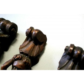 LOTTO n° 3 pz ANTICO FREGIO PUTTO LEGNO NOCE SCURO DECORO SCOLPITO Primo '900