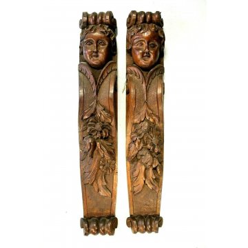 COPPIA  ANTICO FREGIO PUTTO LEGNO NOCE CHIARO DECORATO SCOLPITO INTAGLIATO '900