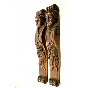 COPPIA  ANTICO FREGIO PUTTO LEGNO NOCE CHIARO DECORATO SCOLPITO INTAGLIATO '900