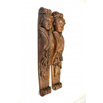 COPPIA  ANTICO FREGIO PUTTO LEGNO NOCE CHIARO DECORATO SCOLPITO INTAGLIATO '900