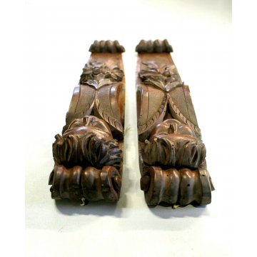 COPPIA  ANTICO FREGIO PUTTO LEGNO NOCE CHIARO DECORATO SCOLPITO INTAGLIATO '900