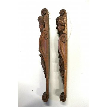 COPPIA  ANTICO FREGIO PUTTO LEGNO NOCE CHIARO DECORATO SCOLPITO INTAGLIATO '900