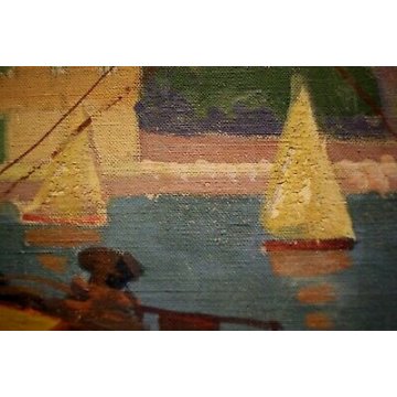 ANTICO QUADRO DIPINTO olio tela Matthey De Catus 1958 PAESAGGIO MARINA PORTO 