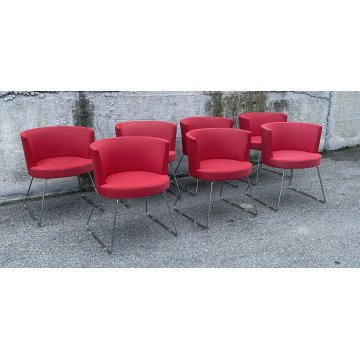 SET 7 SEDIA DESIGN DA PRANZO STOFFA ACCIAIO ROSSE CHAIR VINTAGE ANNI 80 