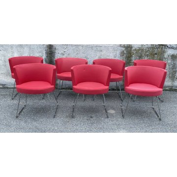 SET 7 SEDIA DESIGN DA PRANZO STOFFA ACCIAIO ROSSE CHAIR VINTAGE ANNI 80 