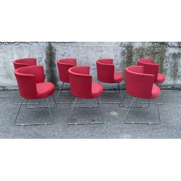 SET 7 SEDIA DESIGN DA PRANZO STOFFA ACCIAIO ROSSE CHAIR VINTAGE ANNI 80 