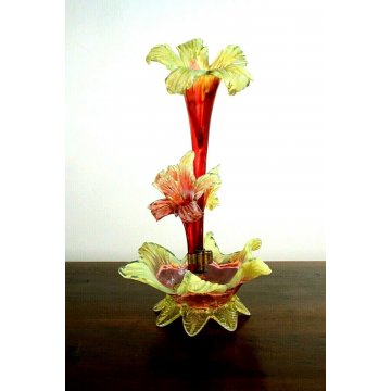 ANTICO VASO CENTROTAVOLA TRIONFO VETRO SOFFIATO Murano GIGLIO ROSSO VERDE '900