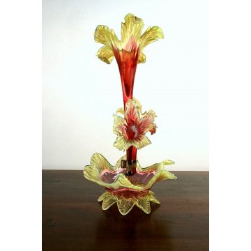 ANTICO VASO CENTROTAVOLA TRIONFO VETRO SOFFIATO Murano GIGLIO ROSSO VERDE '900