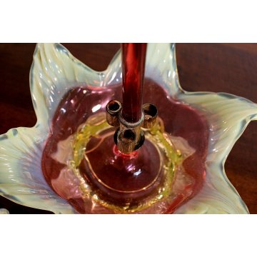 ANTICO VASO CENTROTAVOLA TRIONFO VETRO SOFFIATO Murano GIGLIO ROSSO VERDE '900
