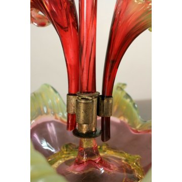 ANTICO VASO CENTROTAVOLA TRIONFO VETRO SOFFIATO Murano GIGLIO ROSSO VERDE '900