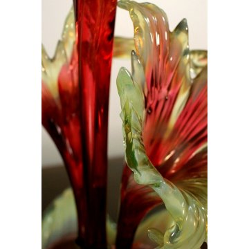 ANTICO VASO CENTROTAVOLA TRIONFO VETRO SOFFIATO Murano GIGLIO ROSSO VERDE '900