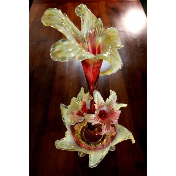 ANTICO VASO CENTROTAVOLA TRIONFO VETRO SOFFIATO Murano GIGLIO ROSSO VERDE '900