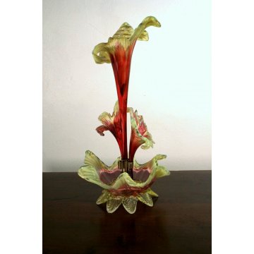ANTICO VASO CENTROTAVOLA TRIONFO VETRO SOFFIATO Murano GIGLIO ROSSO VERDE '900