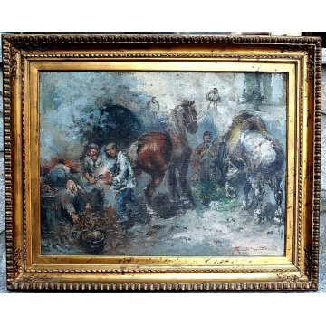 ANTICO GRANDE QUADRO OLIO TELA Guido Mantovani I MANISCALCO CAVALLI BOTTEGA old