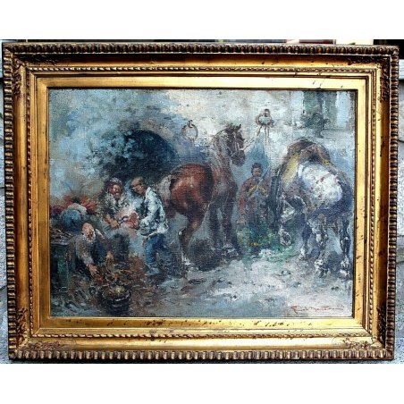 ANTICO GRANDE QUADRO OLIO TELA Guido Mantovani I MANISCALCO CAVALLI BOTTEGA old