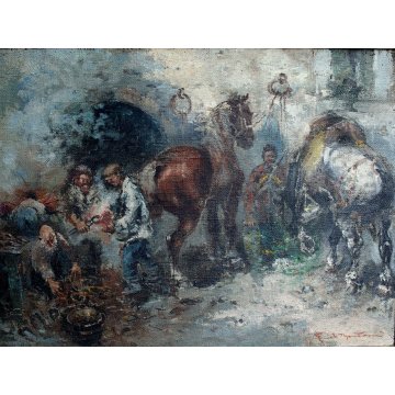 ANTICO GRANDE QUADRO OLIO TELA Guido Mantovani I MANISCALCO CAVALLI BOTTEGA old