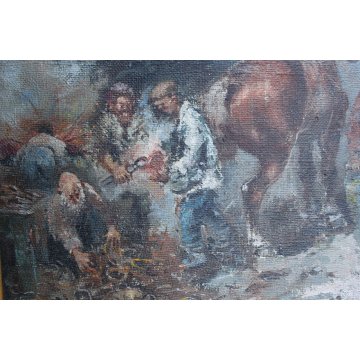 ANTICO GRANDE QUADRO OLIO TELA Guido Mantovani I MANISCALCO CAVALLI BOTTEGA old