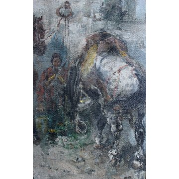 ANTICO GRANDE QUADRO OLIO TELA Guido Mantovani I MANISCALCO CAVALLI BOTTEGA old