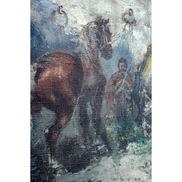 ANTICO GRANDE QUADRO OLIO TELA Guido Mantovani I MANISCALCO CAVALLI BOTTEGA old