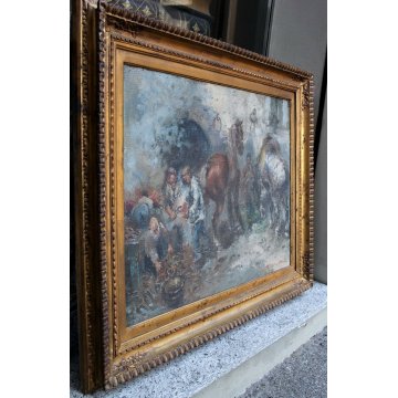 ANTICO GRANDE QUADRO OLIO TELA Guido Mantovani I MANISCALCO CAVALLI BOTTEGA old