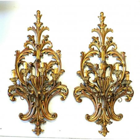 COPPIA ANTICA APPLIQUE LAMPADA PARETE 4 LUMI LEGNO ACANTO ROSSO ORO Primo '900