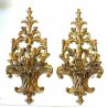 COPPIA ANTICA APPLIQUE LAMPADA PARETE 4 LUMI LEGNO ACANTO ROSSO ORO Primo '900