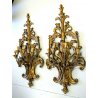 COPPIA ANTICA APPLIQUE LAMPADA PARETE 4 LUMI LEGNO ACANTO ROSSO ORO Primo '900