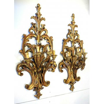 COPPIA ANTICA APPLIQUE LAMPADA PARETE 4 LUMI LEGNO ACANTO ROSSO ORO Primo '900