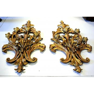 COPPIA ANTICA APPLIQUE LAMPADA PARETE 4 LUMI LEGNO ACANTO ROSSO ORO Primo '900