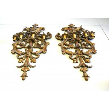 COPPIA ANTICA APPLIQUE LAMPADA PARETE 4 LUMI LEGNO ACANTO ROSSO ORO Primo '900