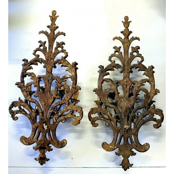 COPPIA ANTICA APPLIQUE LAMPADA PARETE 4 LUMI LEGNO ACANTO ROSSO ORO Primo '900