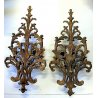 COPPIA ANTICA APPLIQUE LAMPADA PARETE 4 LUMI LEGNO ACANTO ROSSO ORO Primo '900