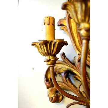 COPPIA ANTICA APPLIQUE LAMPADA PARETE 4 LUMI LEGNO ACANTO ROSSO ORO Primo '900