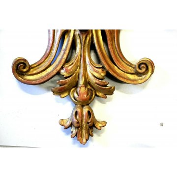 COPPIA ANTICA APPLIQUE LAMPADA PARETE 4 LUMI LEGNO ACANTO ROSSO ORO Primo '900