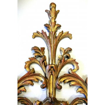COPPIA ANTICA APPLIQUE LAMPADA PARETE 4 LUMI LEGNO ACANTO ROSSO ORO Primo '900