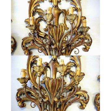 COPPIA ANTICA APPLIQUE LAMPADA PARETE 4 LUMI LEGNO ACANTO ROSSO ORO Primo '900