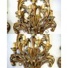 COPPIA ANTICA APPLIQUE LAMPADA PARETE 4 LUMI LEGNO ACANTO ROSSO ORO Primo '900