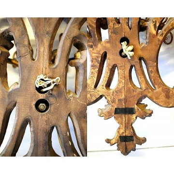 COPPIA ANTICA APPLIQUE LAMPADA PARETE 4 LUMI LEGNO ACANTO ROSSO ORO Primo '900