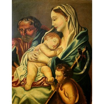 GRANDE DIPINTO OLIO TELA Sacra Famiglia Giovanni Battista ECCE AGNUS DEI '700