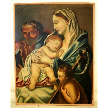 GRANDE DIPINTO OLIO TELA Sacra Famiglia Giovanni Battista ECCE AGNUS DEI '700