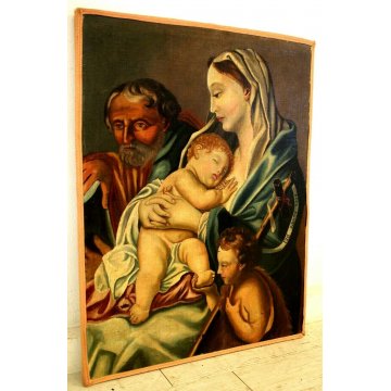 GRANDE DIPINTO OLIO TELA Sacra Famiglia Giovanni Battista ECCE AGNUS DEI '700