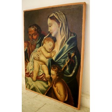 GRANDE DIPINTO OLIO TELA Sacra Famiglia Giovanni Battista ECCE AGNUS DEI '700