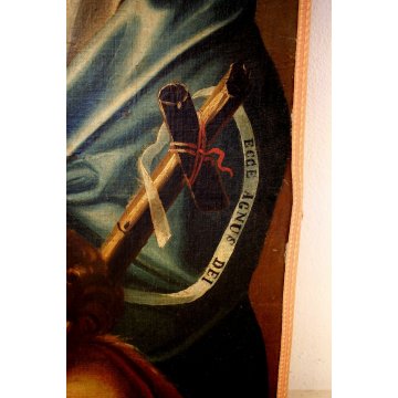 GRANDE DIPINTO OLIO TELA Sacra Famiglia Giovanni Battista ECCE AGNUS DEI '700