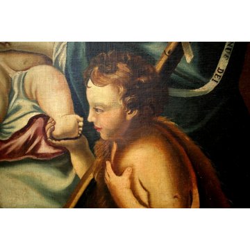 GRANDE DIPINTO OLIO TELA Sacra Famiglia Giovanni Battista ECCE AGNUS DEI '700