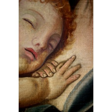 GRANDE DIPINTO OLIO TELA Sacra Famiglia Giovanni Battista ECCE AGNUS DEI '700