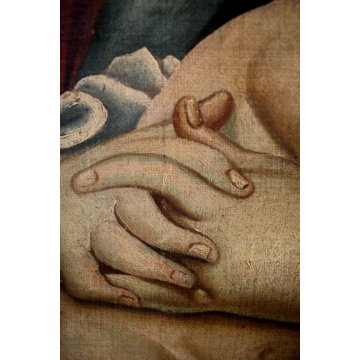 GRANDE DIPINTO OLIO TELA Sacra Famiglia Giovanni Battista ECCE AGNUS DEI '700