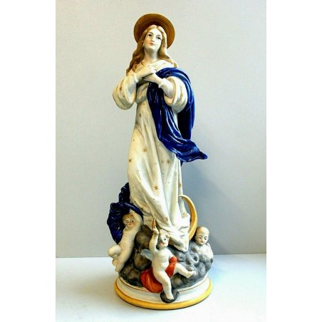 ANTICA SCULTURA CERAMICA BISCUIT MADONNA IMMACOLATA NUVOLE MEZZALUNA PUTTI '900